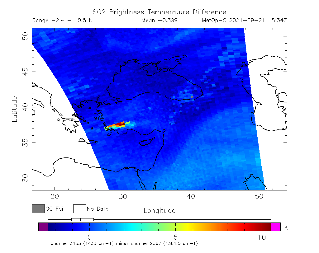 SO2 Brightness Temperature Difference 2021-09-21 18:34Z