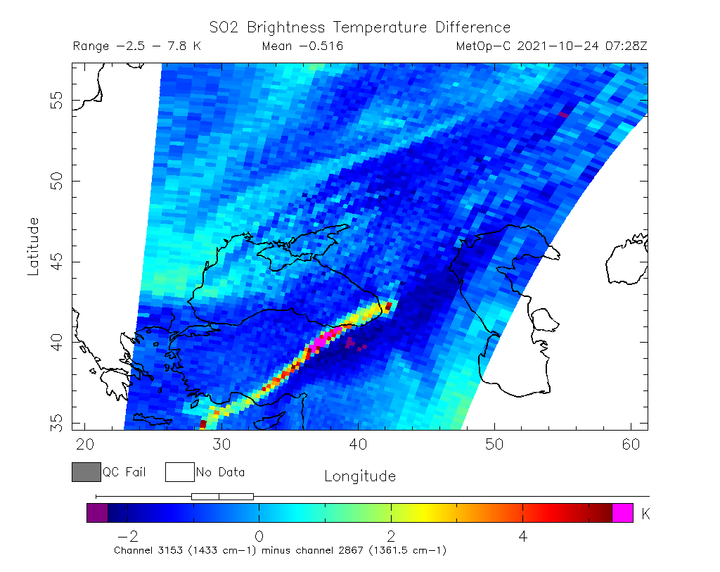 SO2 Brightness Temperature Difference 2021-10-24 07:28Z