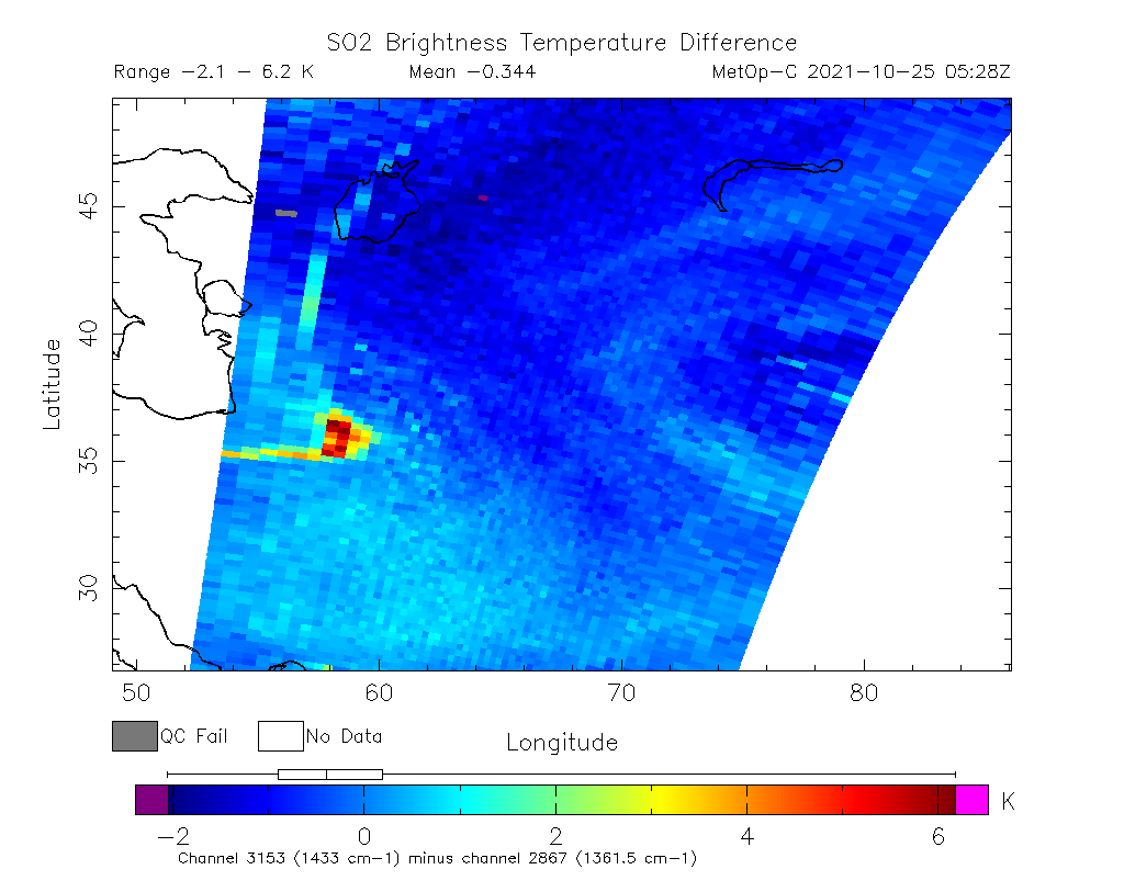 SO2 Brightness Temperature Difference 2021-10-25 05:28Z