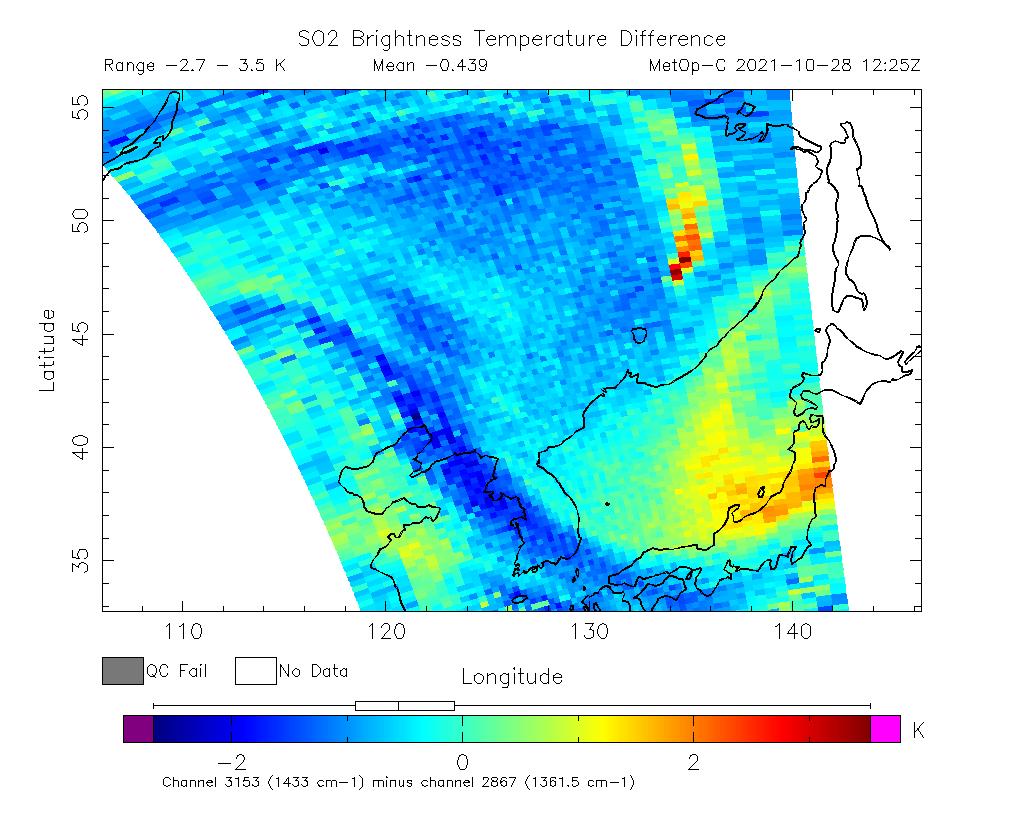 SO2 Brightness Temperature Difference 2021-10-28 12:25Z