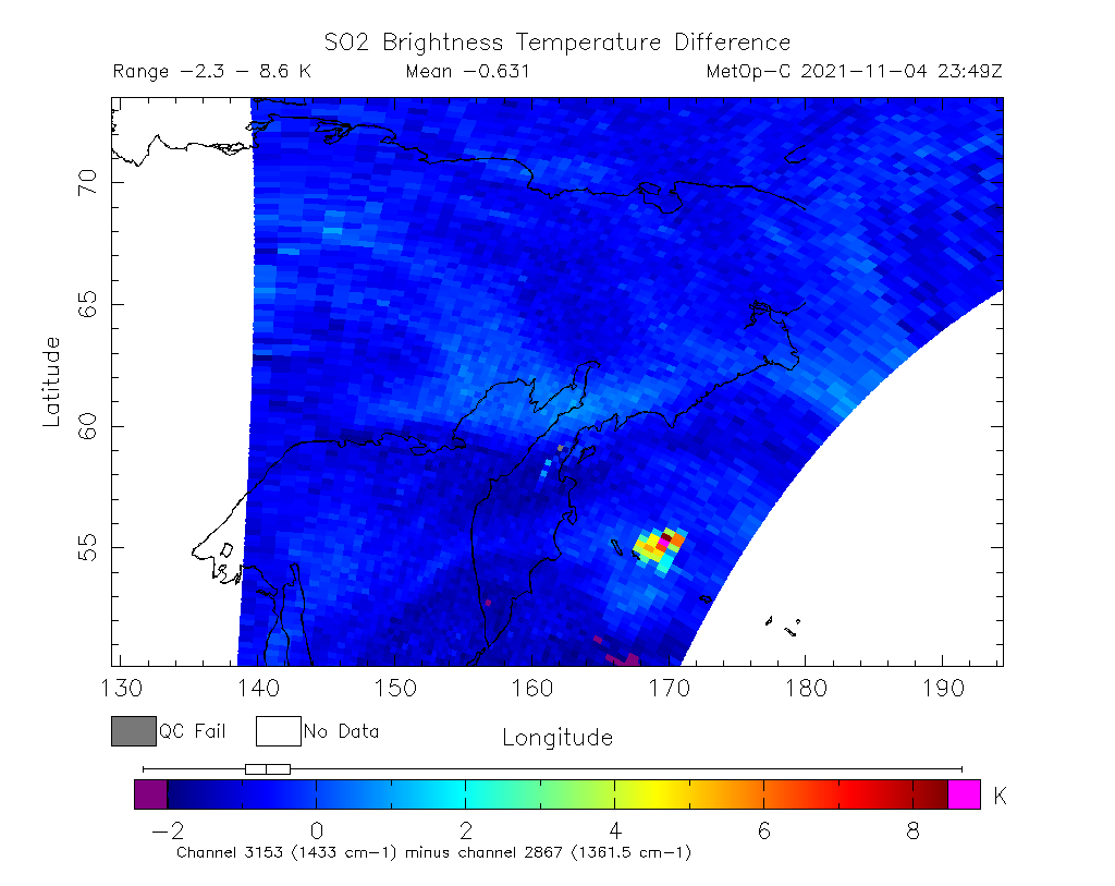 SO2 Brightness Temperature Difference 2021-11-04 23:49Z