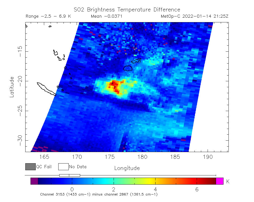 SO2 Brightness Temperature Difference 2022-01-14 21:25Z