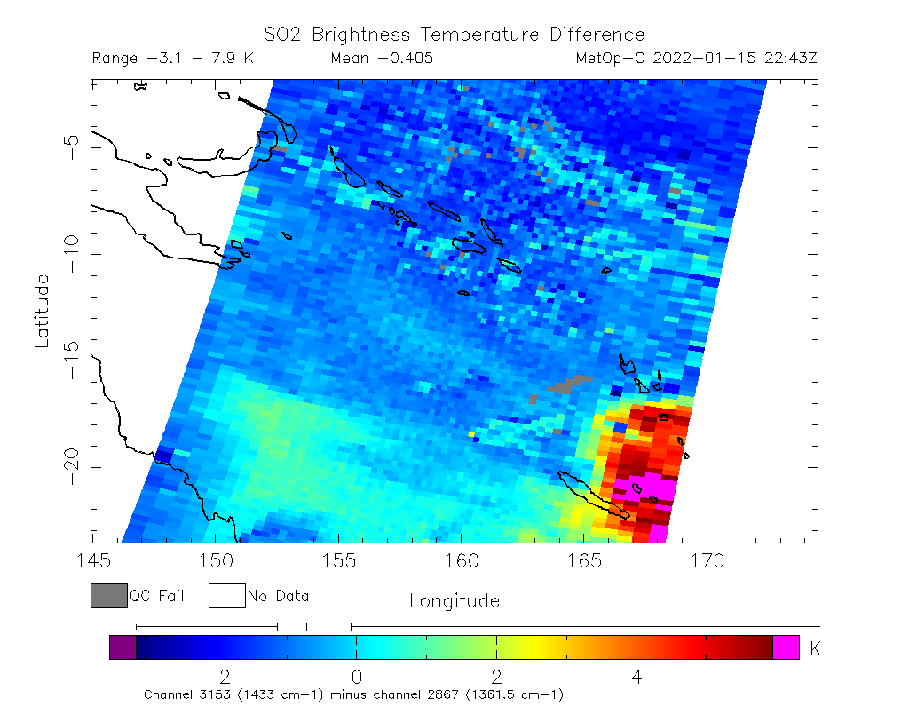 SO2 Brightness Temperature Difference 2022-01-15 22:43Z