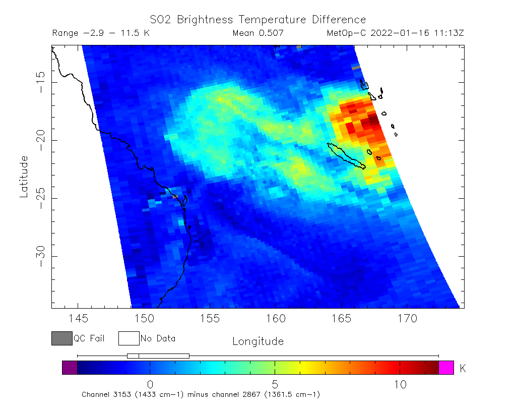 SO2 Brightness Temperature Difference 2022-01-16 11:13Z
