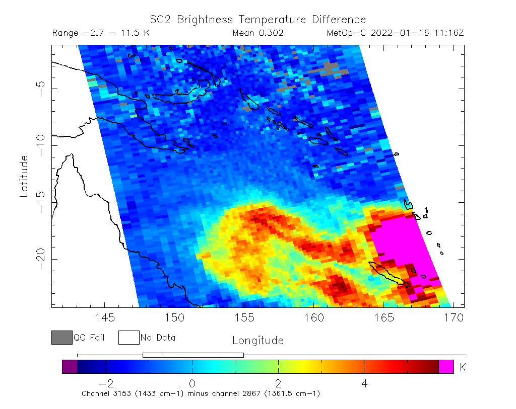 SO2 Brightness Temperature Difference 2022-01-16 11:16Z