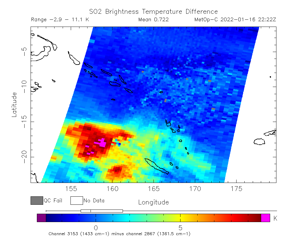 SO2 Brightness Temperature Difference 2022-01-16 22:22Z