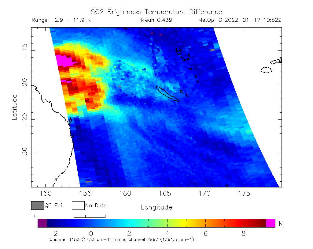 SO2 Brightness Temperature Difference 2022-01-17 10:52Z