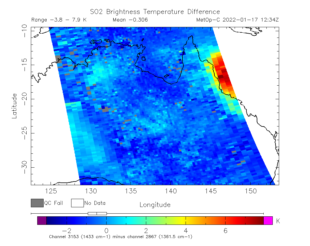SO2 Brightness Temperature Difference 2022-01-17 12:34Z