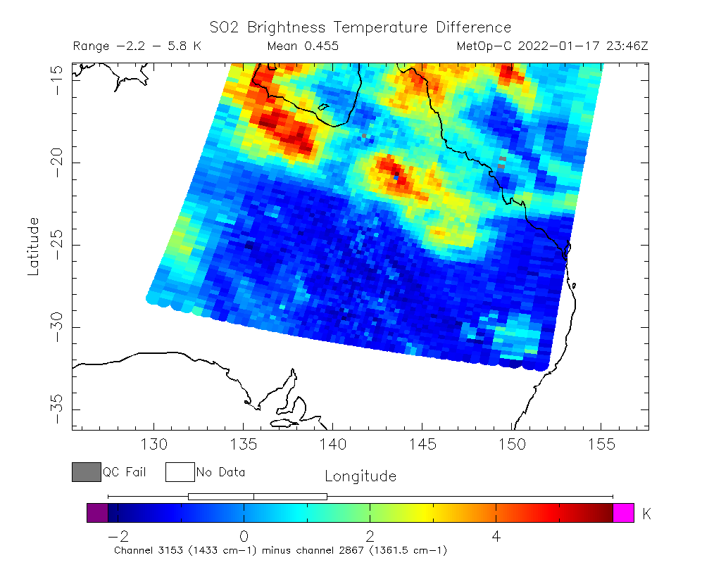 SO2 Brightness Temperature Difference 2022-01-17 23:46Z