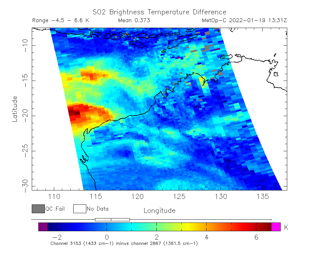 SO2 Brightness Temperature Difference 2022-01-19 13:31Z