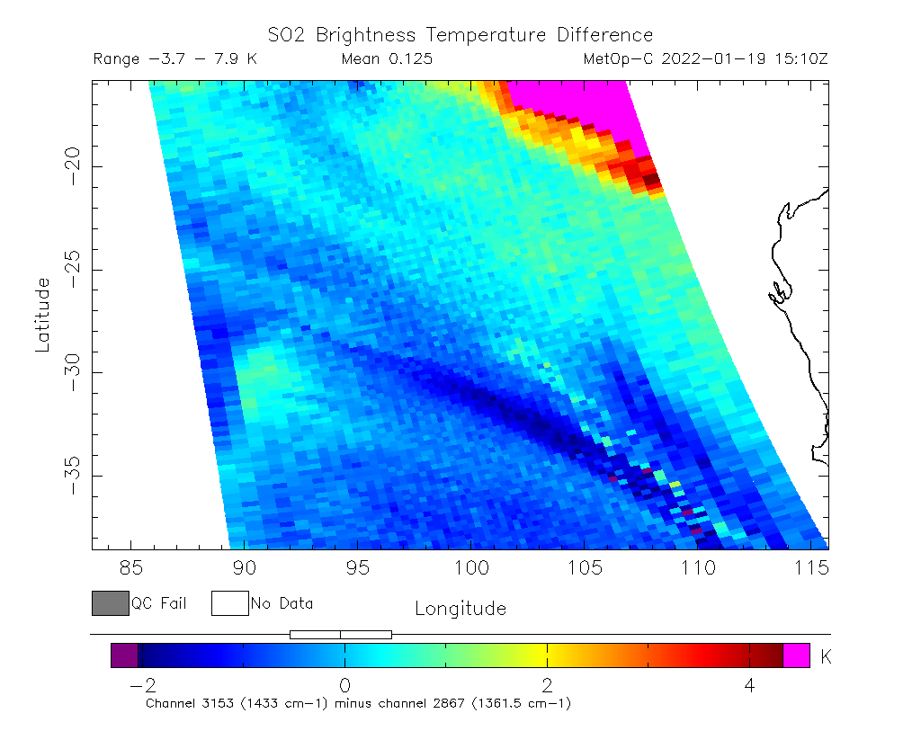 SO2 Brightness Temperature Difference 2022-01-19 15:10Z