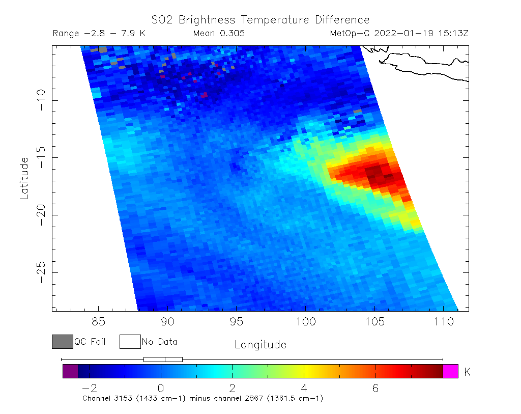 SO2 Brightness Temperature Difference 2022-01-19 15:13Z