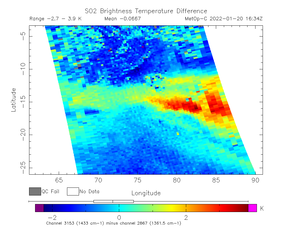 SO2 Brightness Temperature Difference 2022-01-20 16:34Z