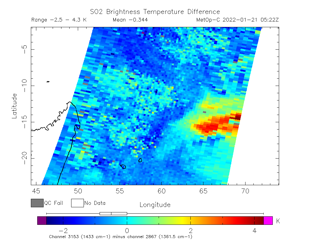 SO2 Brightness Temperature Difference 2022-01-21 05:22Z