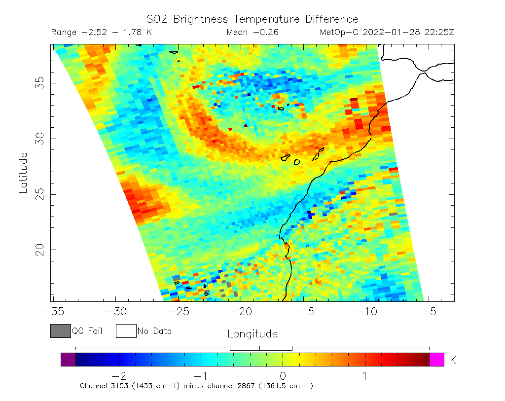 SO2 Brightness Temperature Difference 2022-01-28 22:25Z