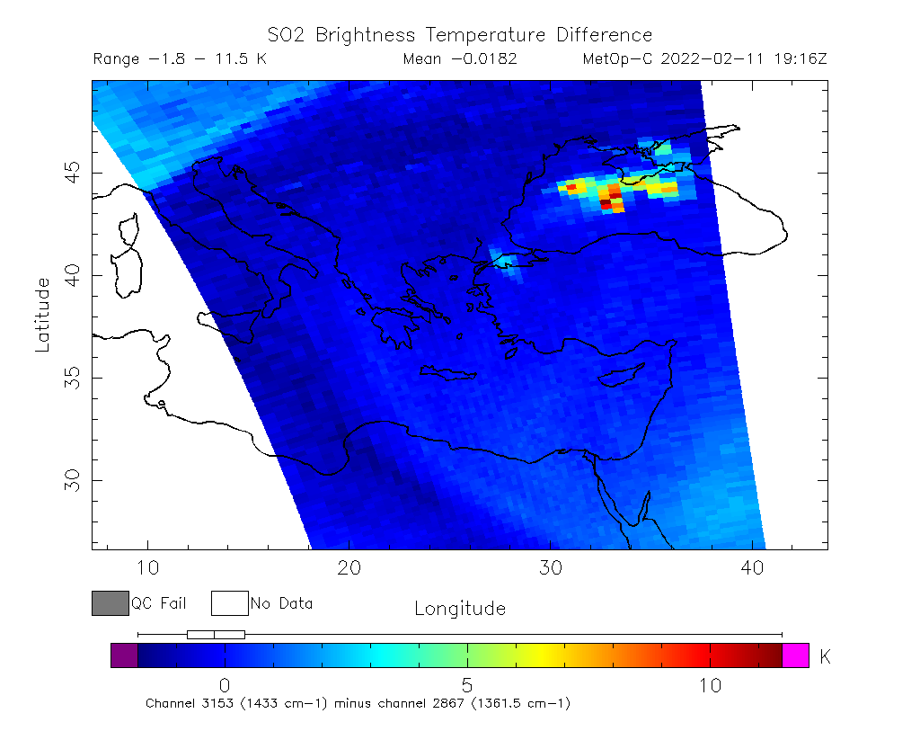 SO2 Brightness Temperature Difference 2022-02-11 19:16Z