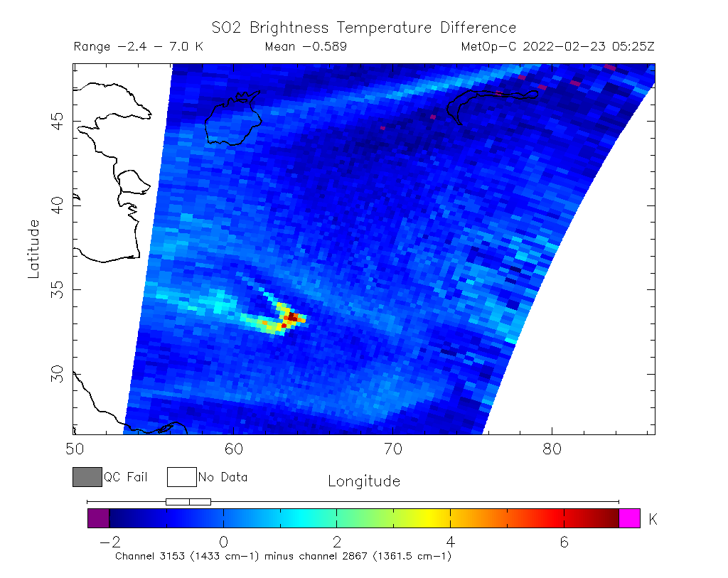 SO2 Brightness Temperature Difference 2022-02-23 05:25Z