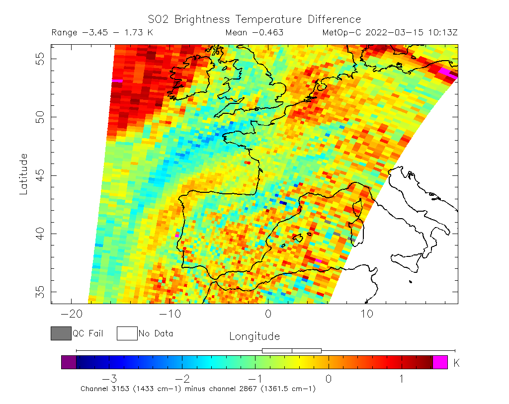 SO2 Brightness Temperature Difference 2022-03-15 10:13Z