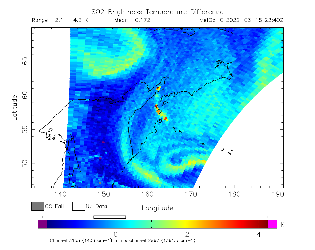 SO2 Brightness Temperature Difference 2022-03-15 23:40Z