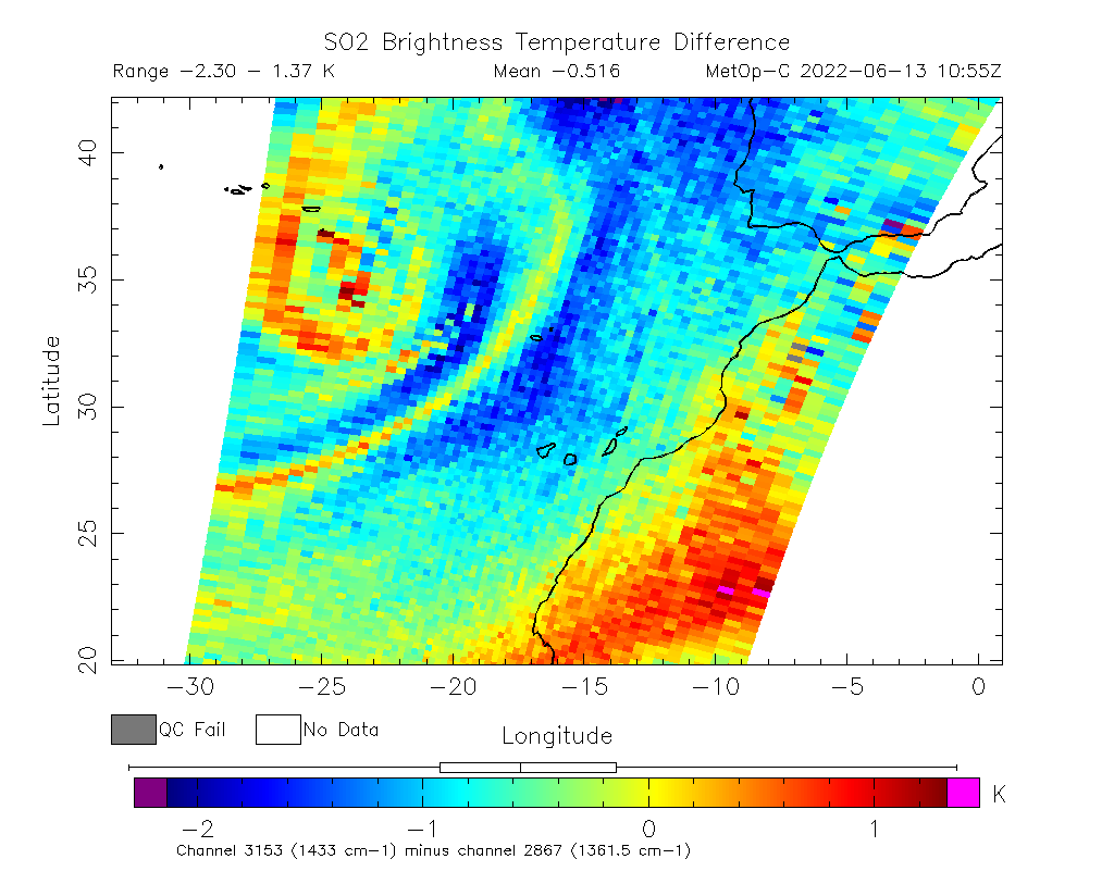 SO2 Brightness Temperature Difference 2022-06-13 10:55Z