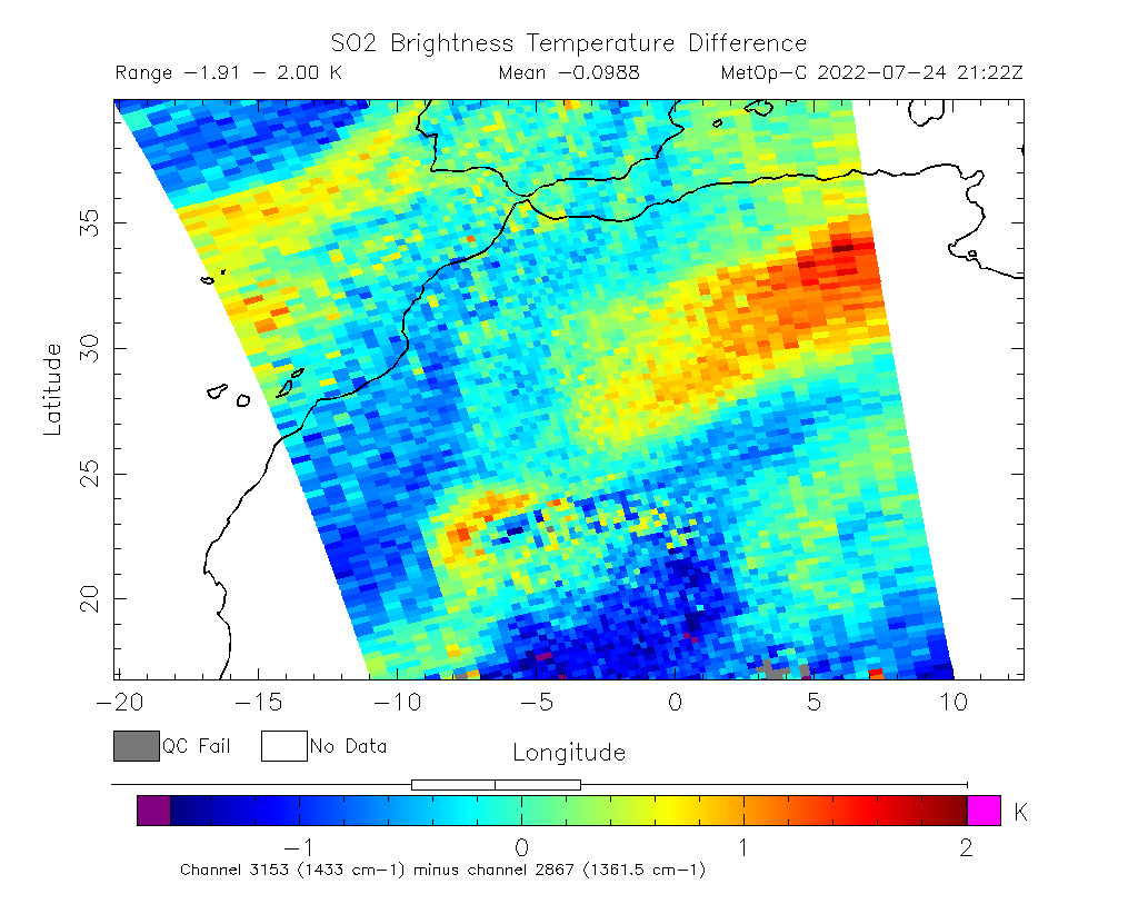 SO2 Brightness Temperature Difference 2022-07-24 21:22Z