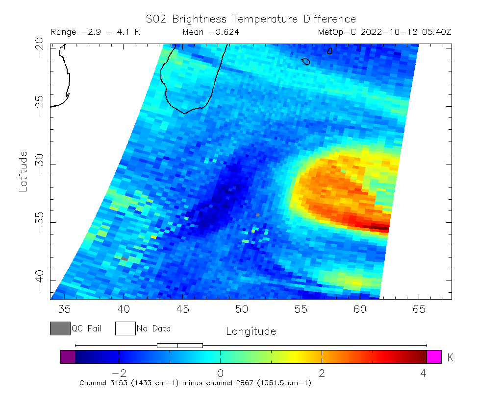 SO2 Brightness Temperature Difference 2022-10-18 05:40Z