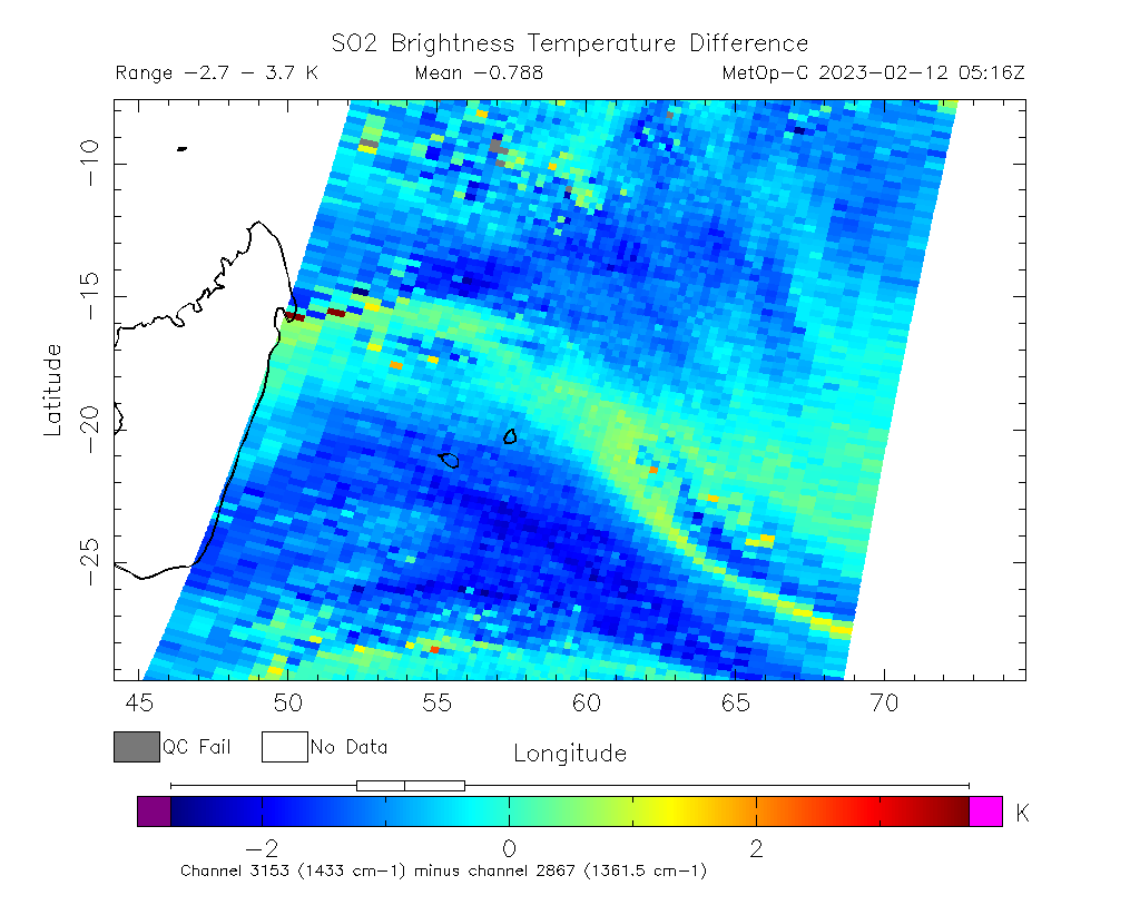 SO2 Brightness Temperature Difference 2023-02-12 05:16Z