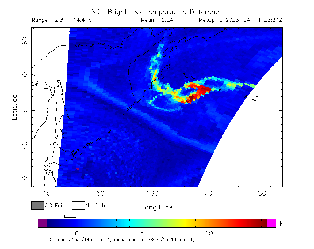 SO2 Brightness Temperature Difference 2023-04-11 23:31Z