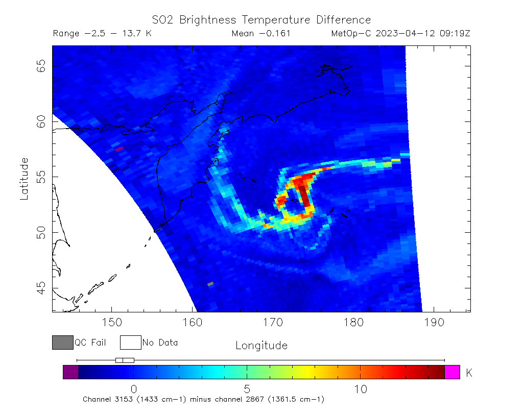SO2 Brightness Temperature Difference 2023-04-12 09:19Z