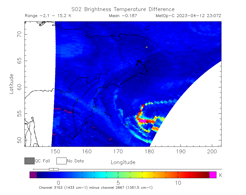 SO2 Brightness Temperature Difference 2023-04-12 23:07Z