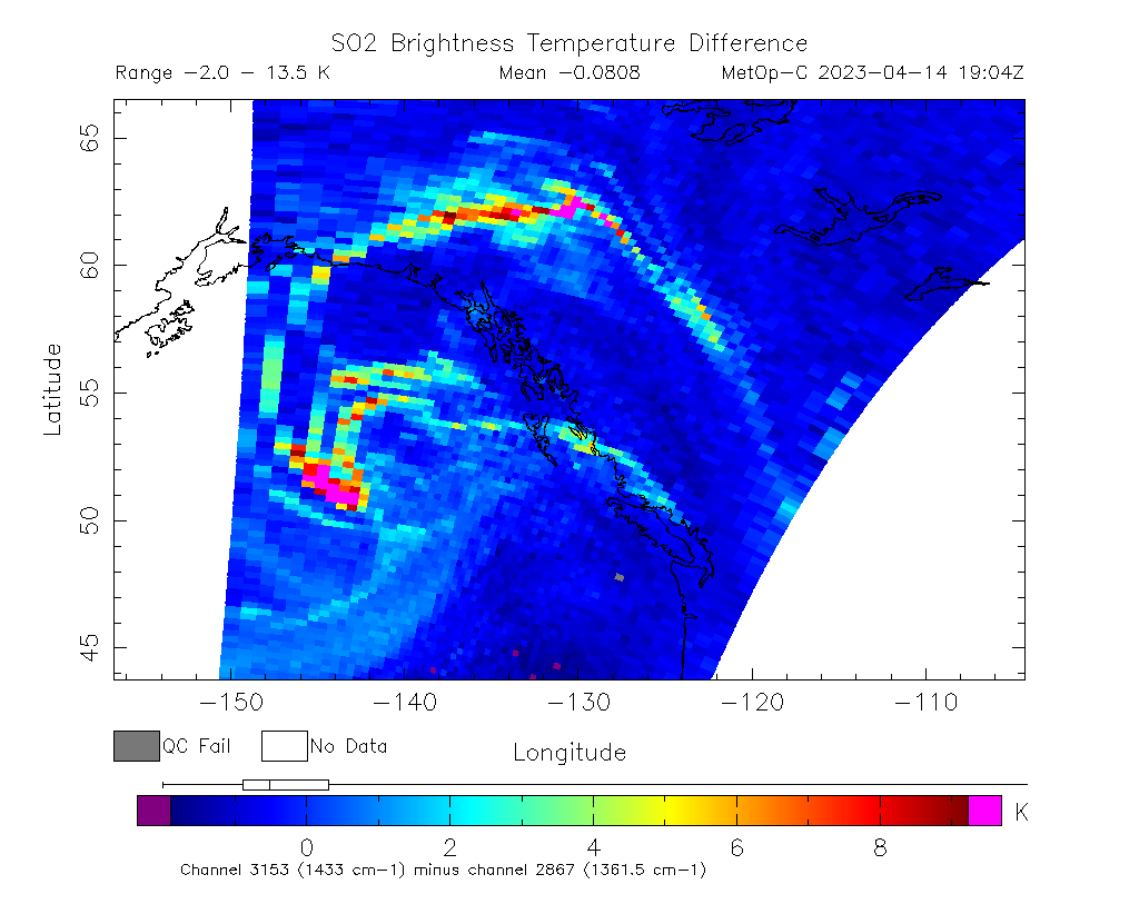 SO2 Brightness Temperature Difference 2023-04-14 19:04Z
