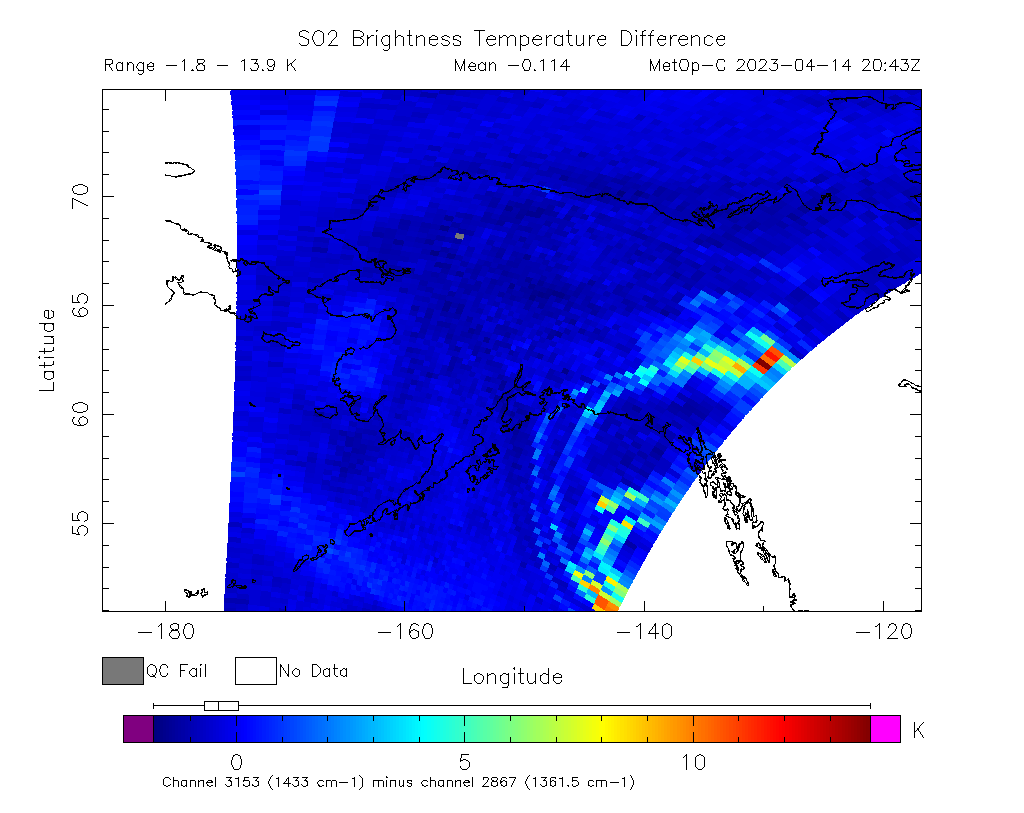 SO2 Brightness Temperature Difference 2023-04-14 20:43Z