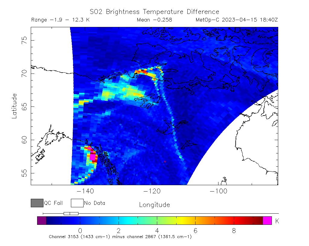 SO2 Brightness Temperature Difference 2023-04-15 18:40Z