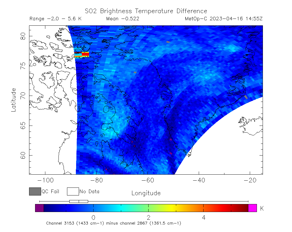 SO2 Brightness Temperature Difference 2023-04-16 14:55Z