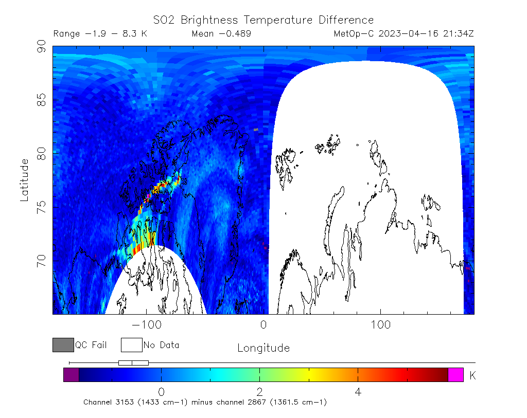 SO2 Brightness Temperature Difference 2023-04-16 21:34Z