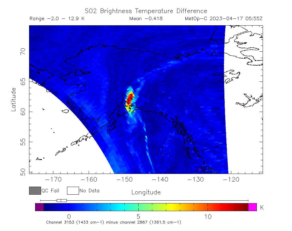 SO2 Brightness Temperature Difference 2023-04-17 05:55Z
