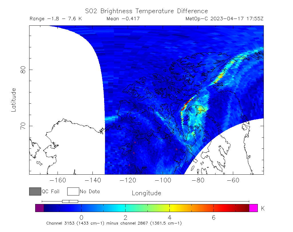 SO2 Brightness Temperature Difference 2023-04-17 17:55Z