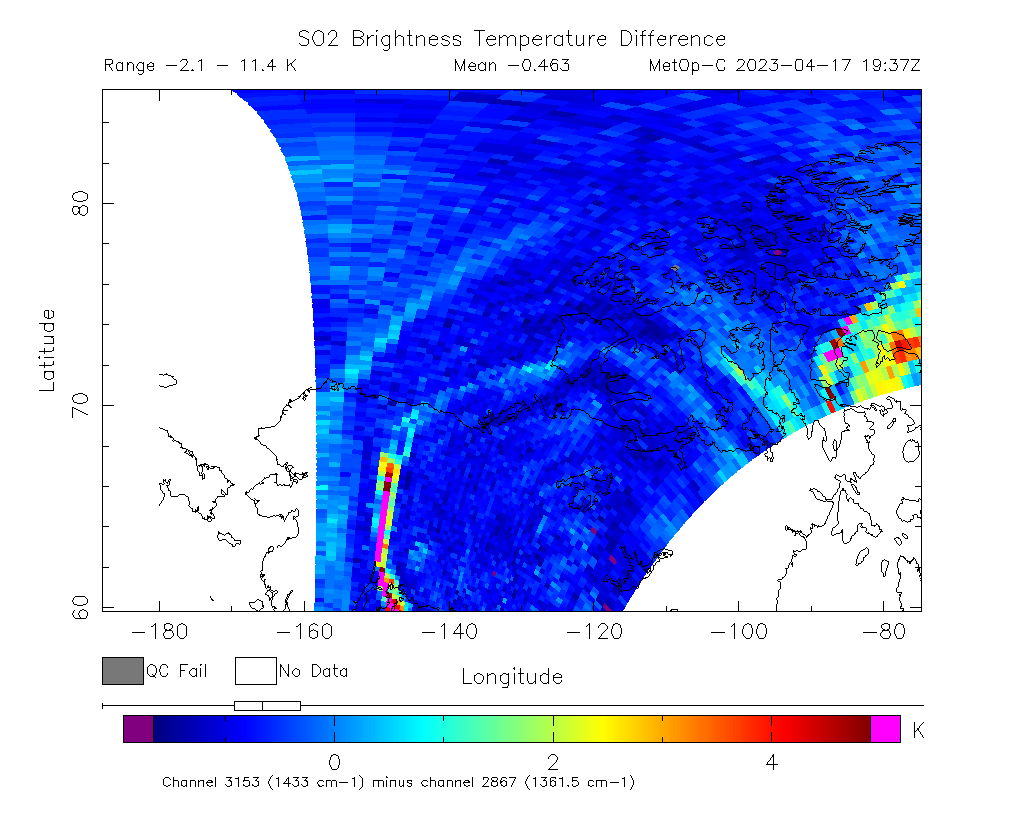 SO2 Brightness Temperature Difference 2023-04-17 19:37Z