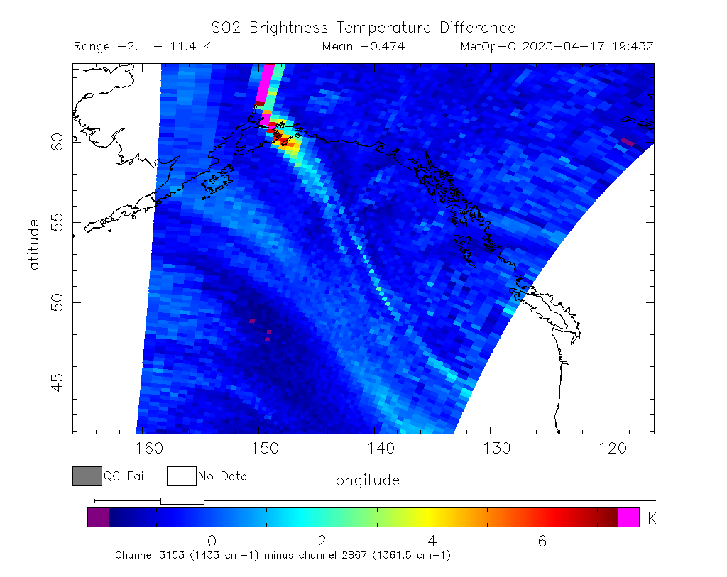 SO2 Brightness Temperature Difference 2023-04-17 19:43Z