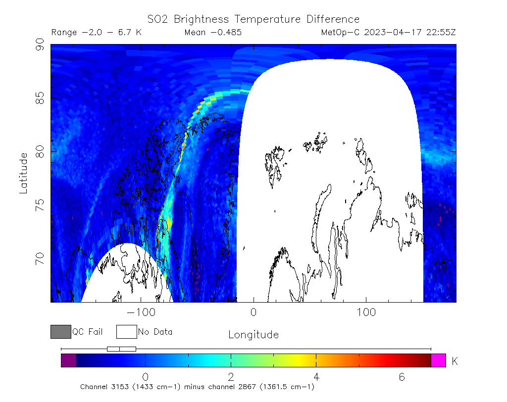 SO2 Brightness Temperature Difference 2023-04-17 22:55Z