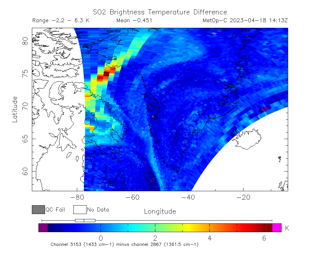 SO2 Brightness Temperature Difference 2023-04-18 14:13Z