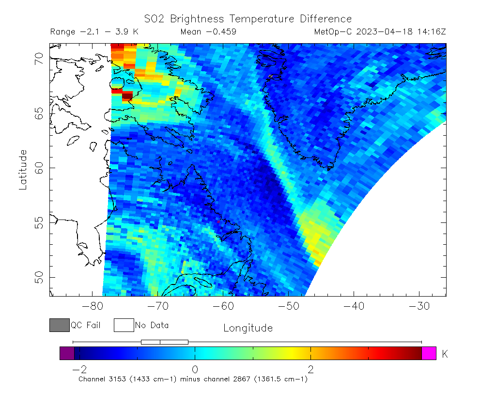 SO2 Brightness Temperature Difference 2023-04-18 14:16Z