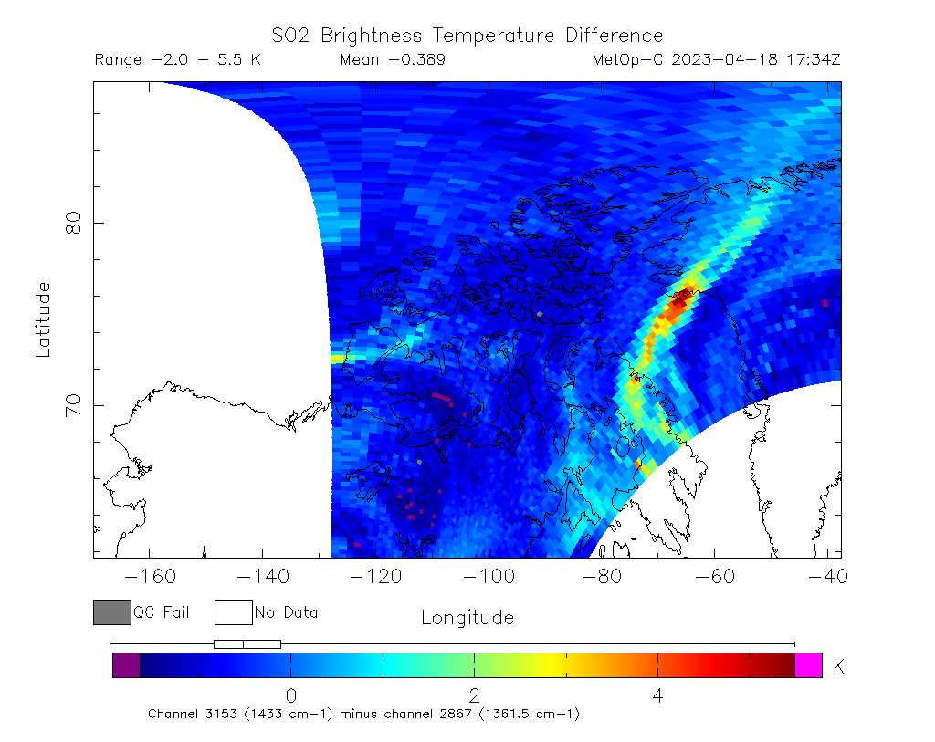 SO2 Brightness Temperature Difference 2023-04-18 17:34Z