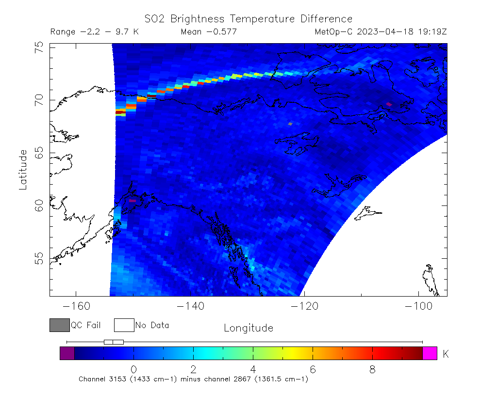 SO2 Brightness Temperature Difference 2023-04-18 19:19Z