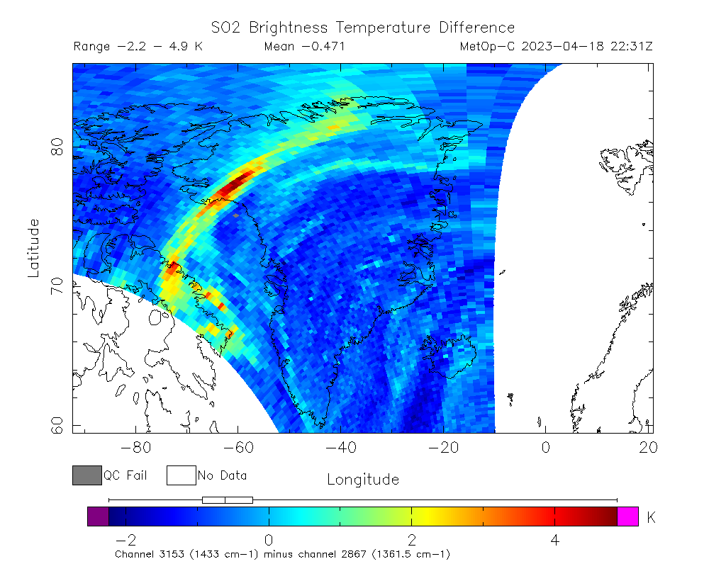 SO2 Brightness Temperature Difference 2023-04-18 22:31Z