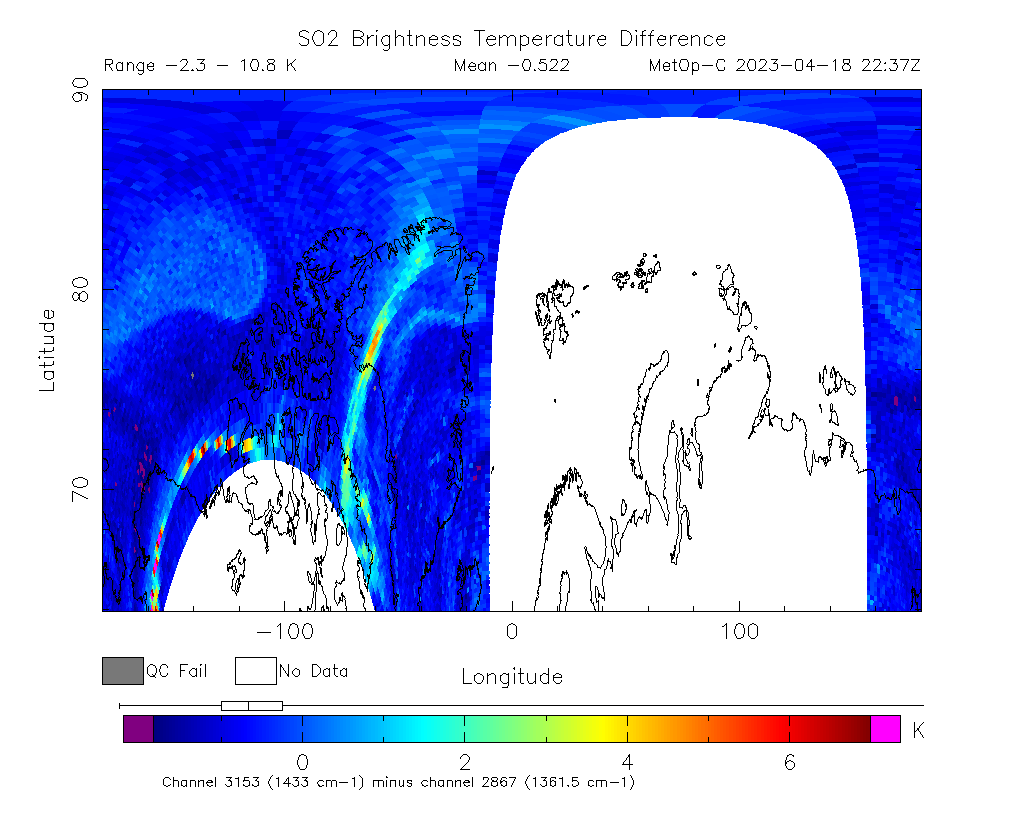 SO2 Brightness Temperature Difference 2023-04-18 22:37Z