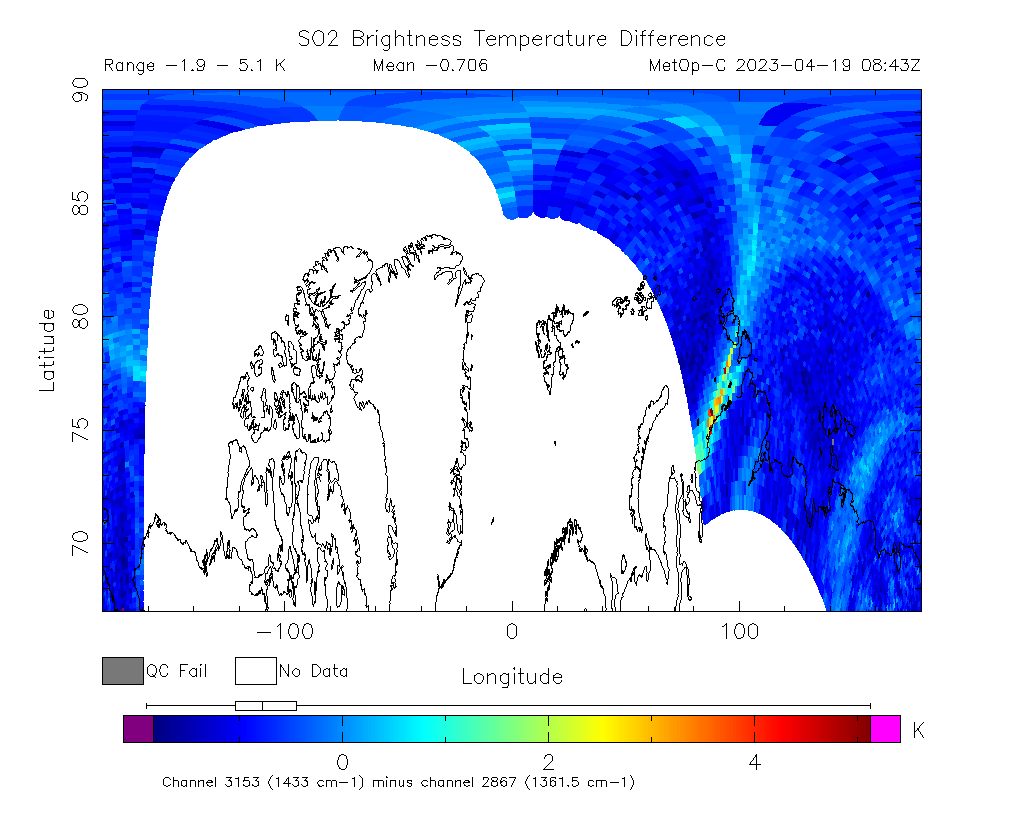 SO2 Brightness Temperature Difference 2023-04-19 08:43Z
