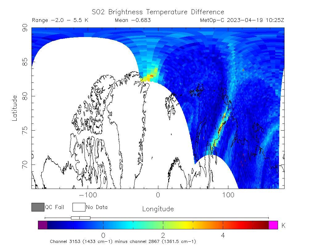 SO2 Brightness Temperature Difference 2023-04-19 10:25Z