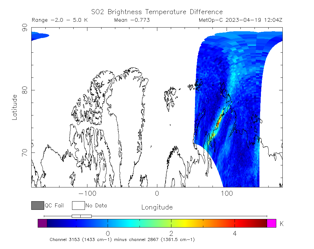 SO2 Brightness Temperature Difference 2023-04-19 12:04Z