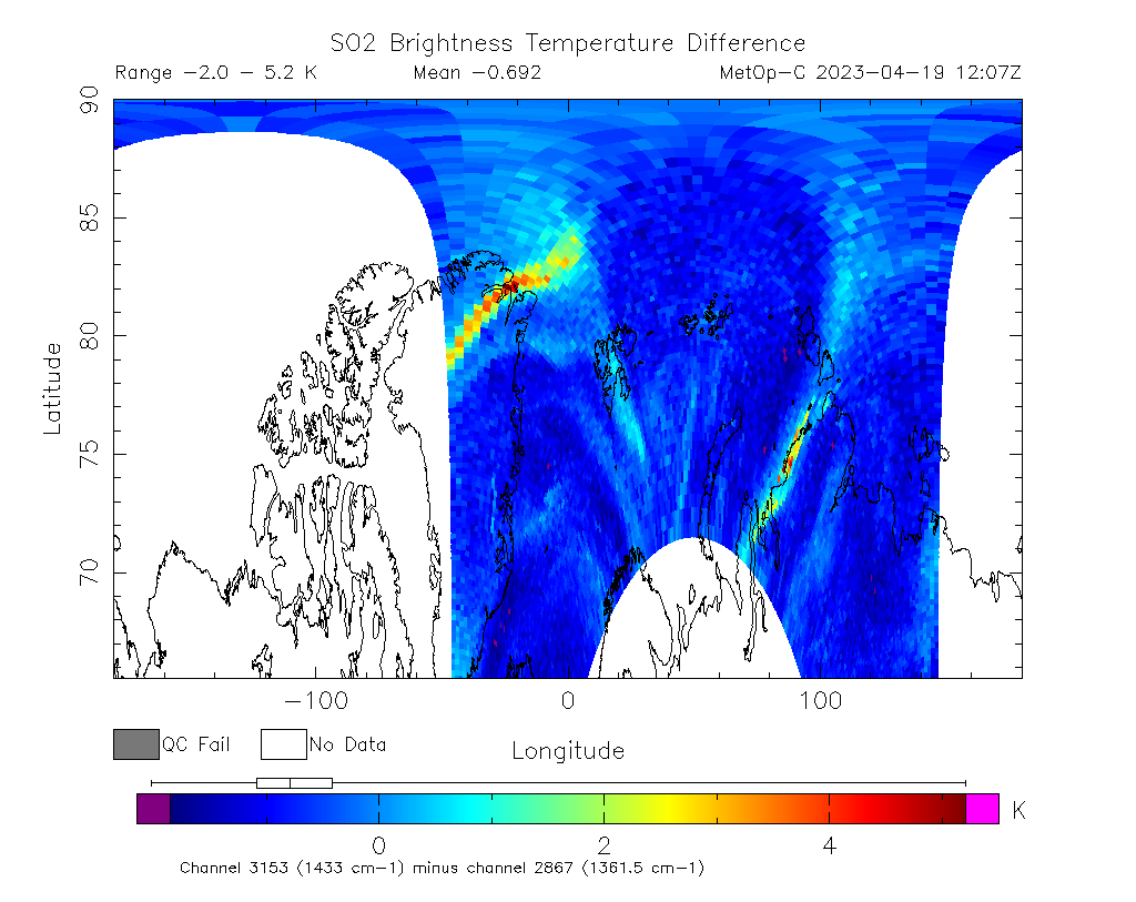 SO2 Brightness Temperature Difference 2023-04-19 12:07Z